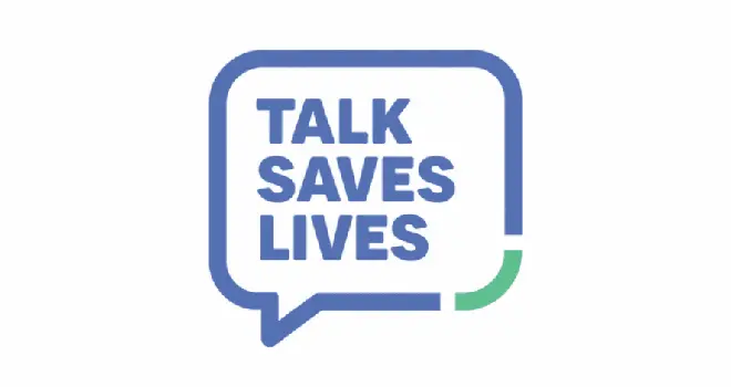 Talk Saves Lives in a blue speech bubble